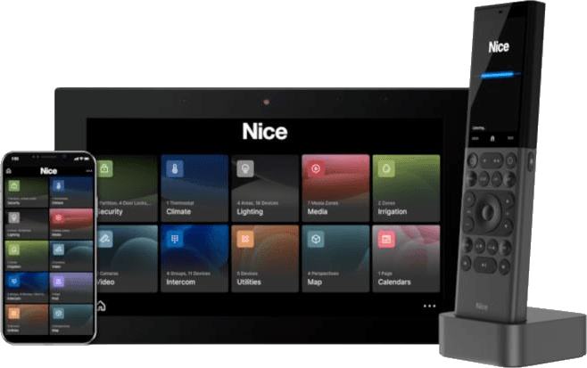 The ELAN app on a phone, an in-wall touchpanel, and the HR40 remote