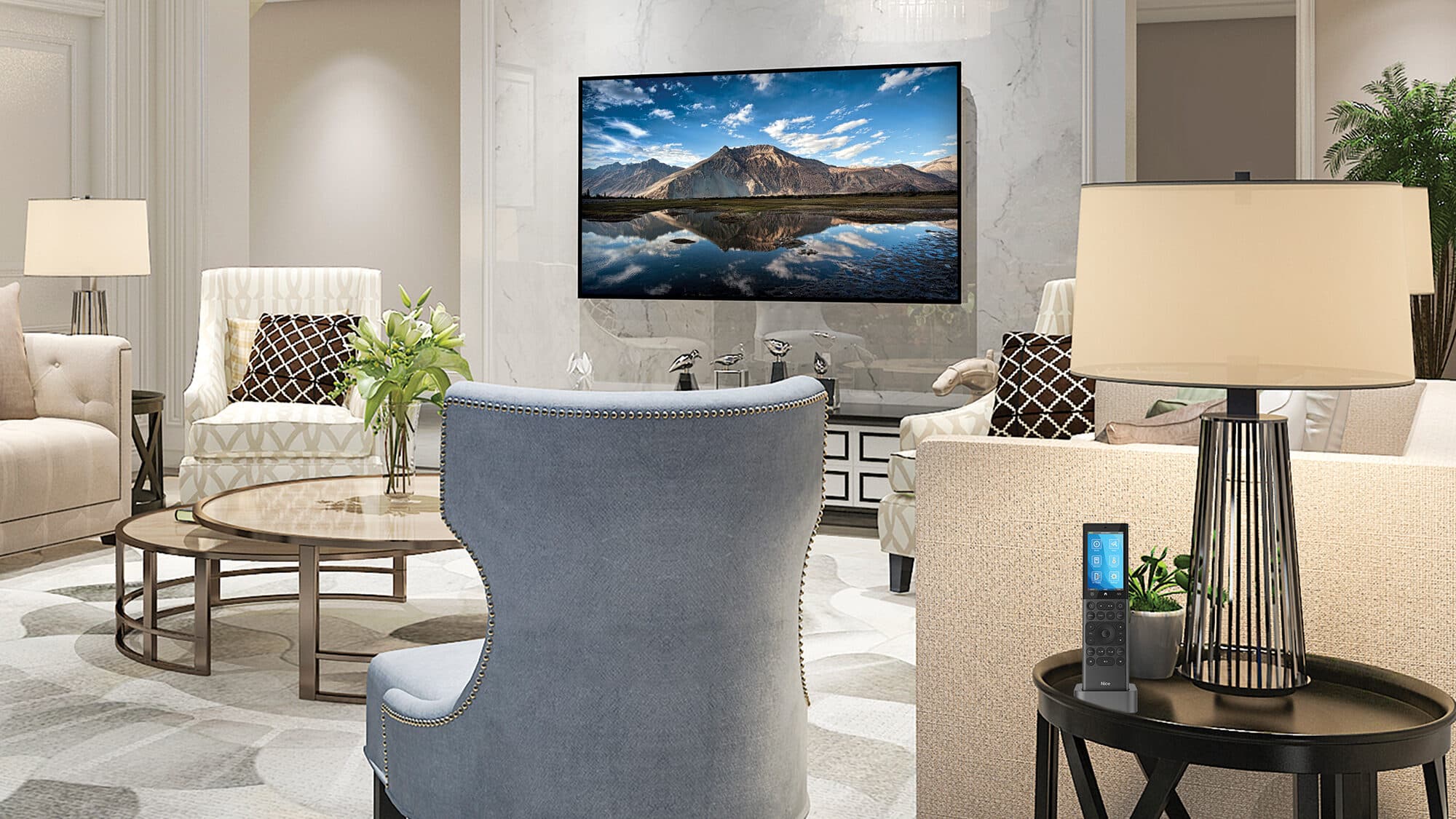 A refined living room with a wall-mounted display and a Nice handheld remote resting in its charging dock