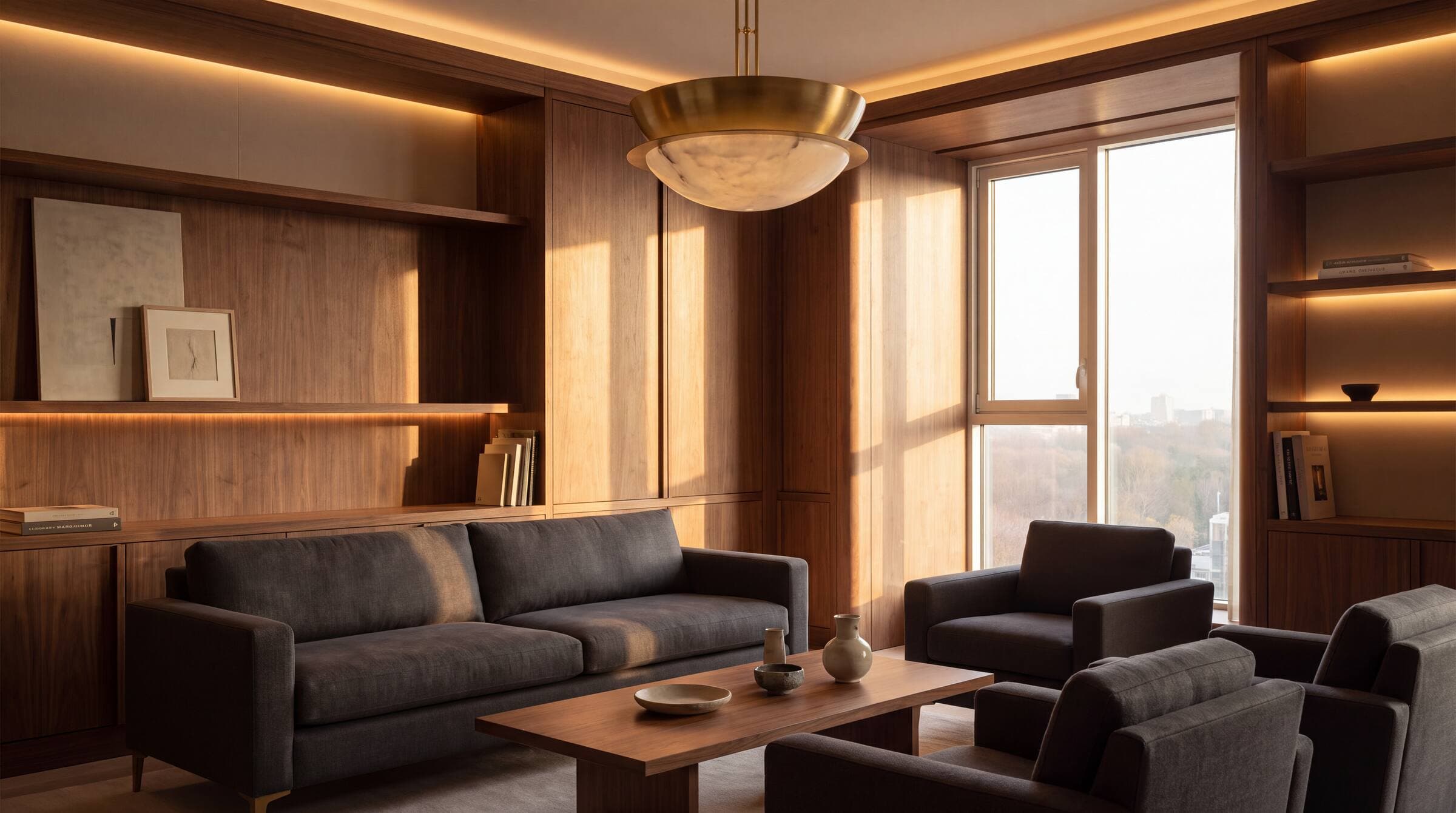 Warm, restrained living room with walnut millwork at golden hour