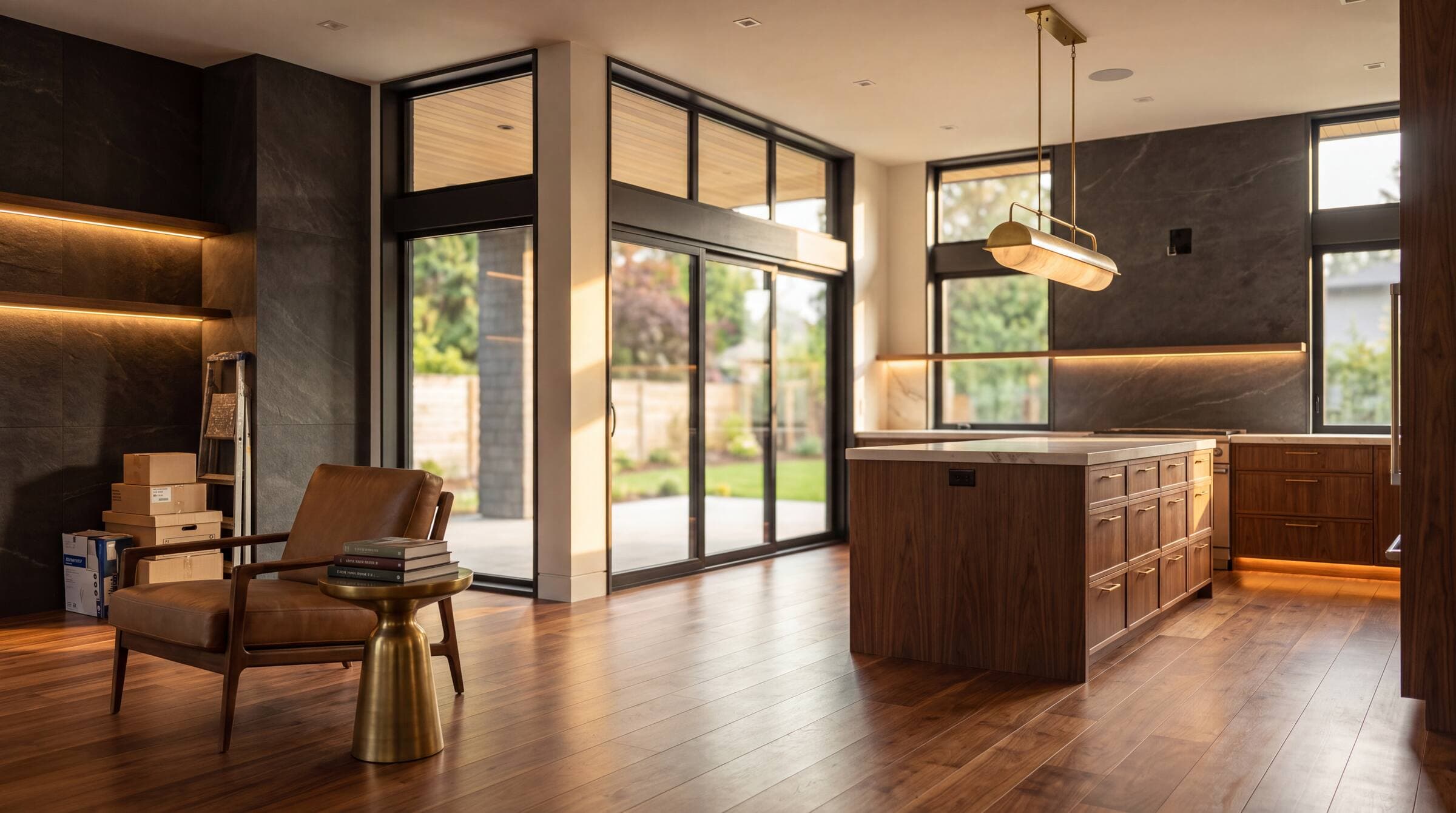 Modern custom home nearing completion, architecture meeting interior finishes