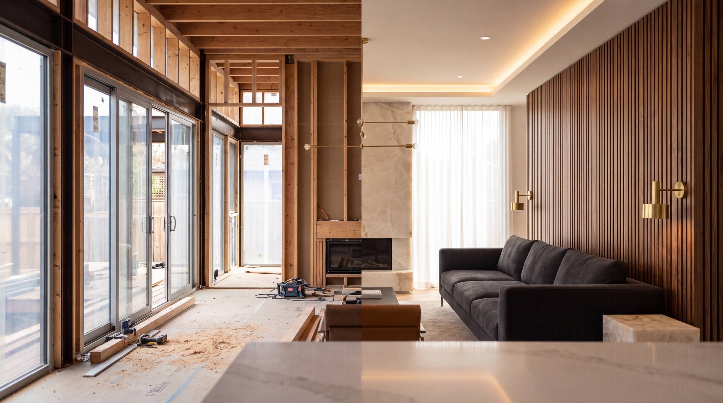 Modern custom home transitioning from construction to a finished interior
