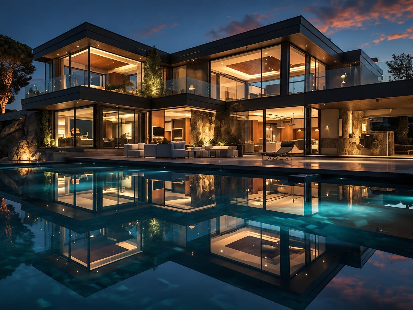 A modern glass home at dusk, warm interior lighting reflected in a still pool