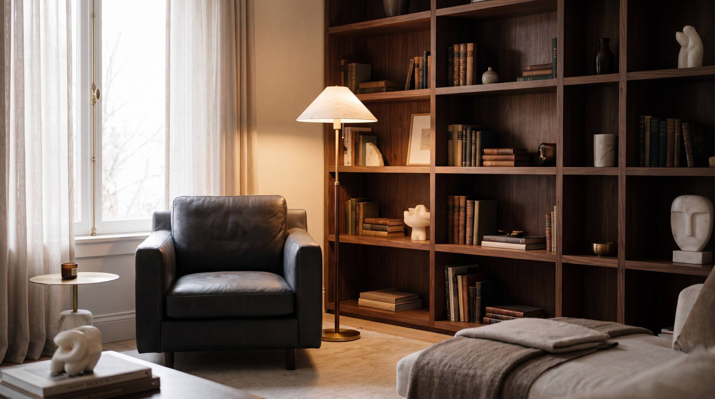 Leather reading chair beside a bookshelf in warm light