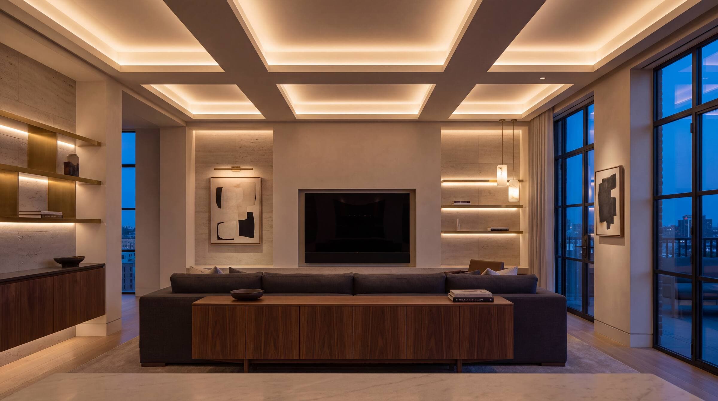 Living room at dusk with layered, warm architectural lighting