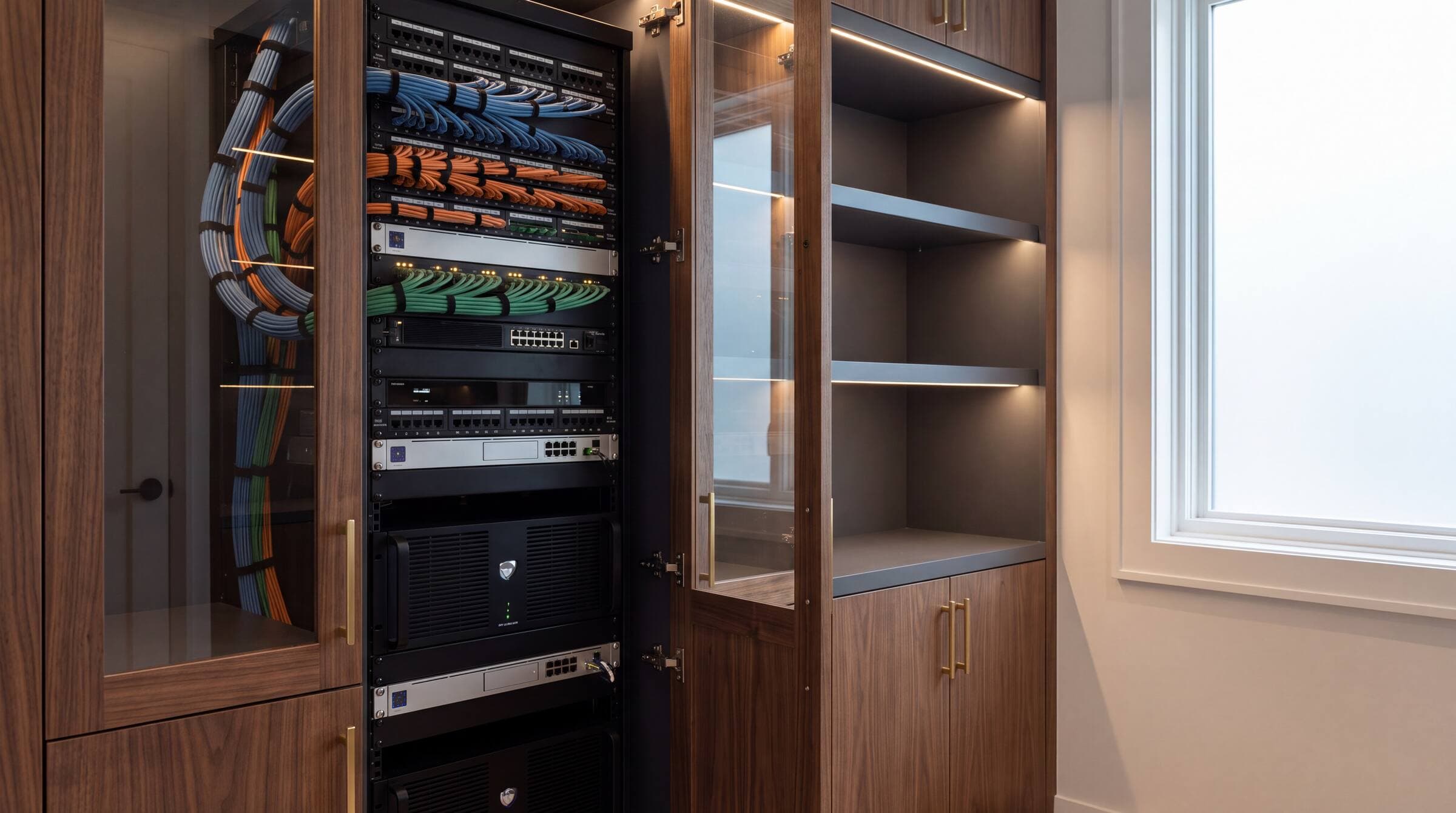 Immaculately organized home-technology rack with color-coded cabling