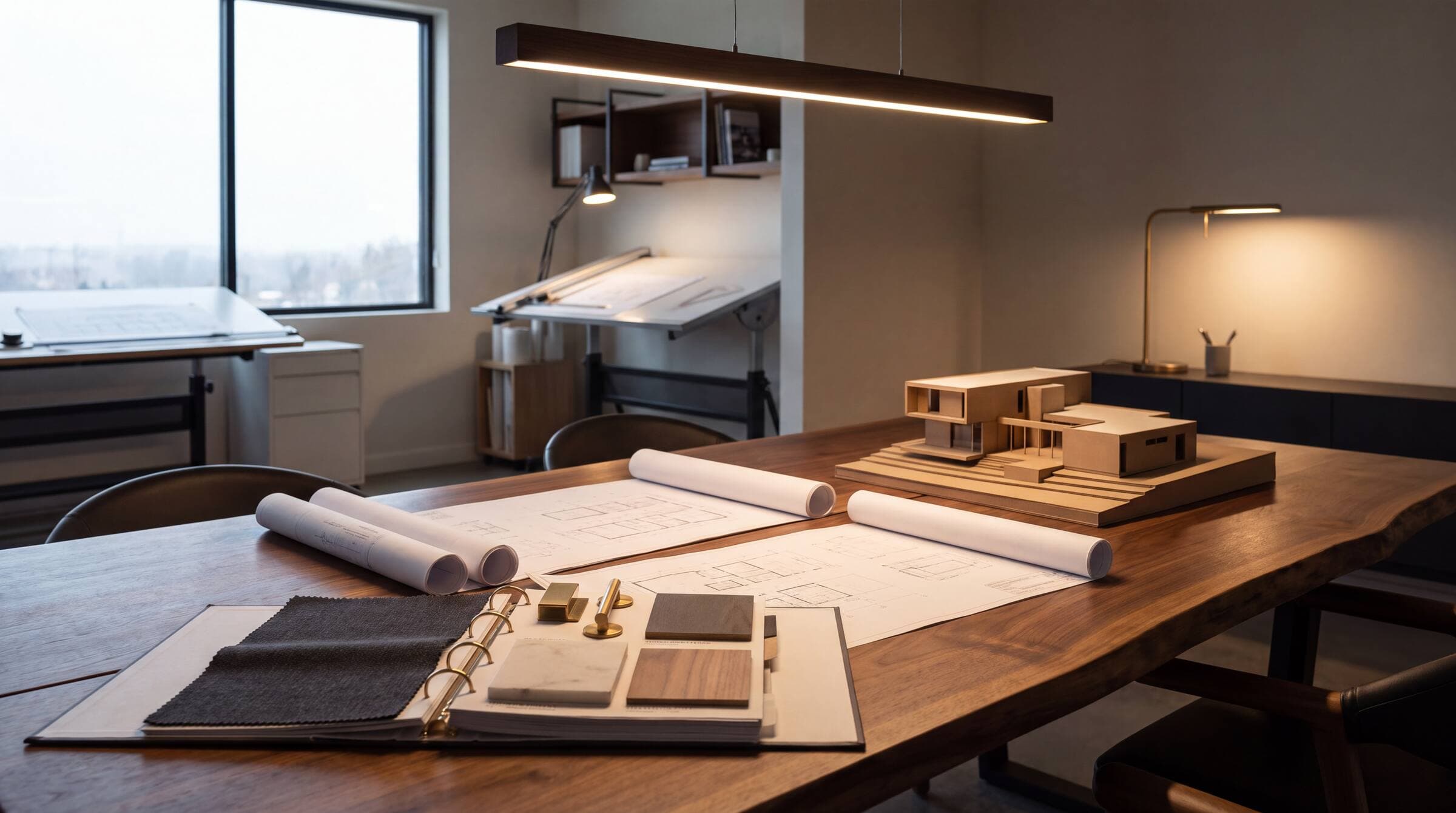 Architectural plans, material samples and a home model on a walnut table