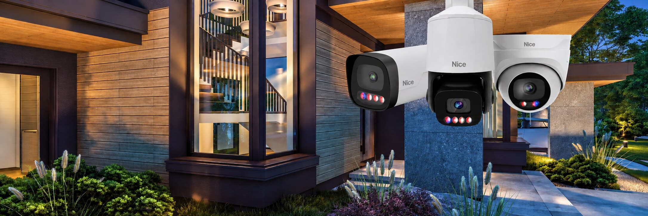 Nice security cameras, a bullet, pan-tilt-zoom, and turret, against a modern home at dusk