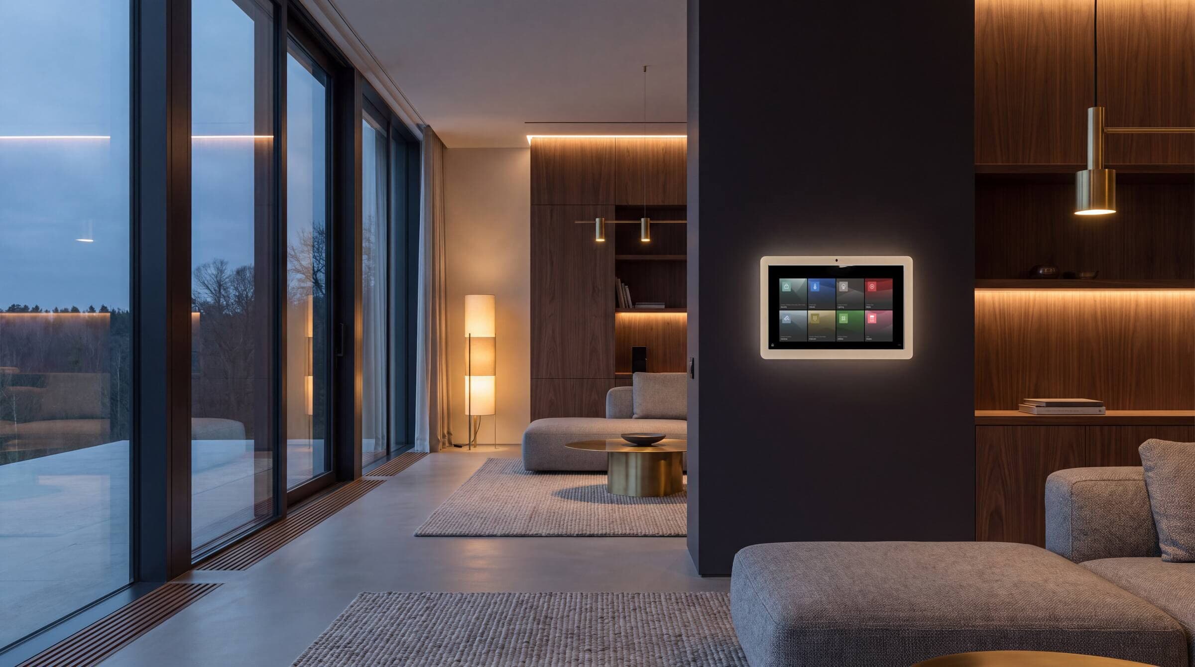 Modern great room with a wall-mounted smart-control touchscreen at twilight