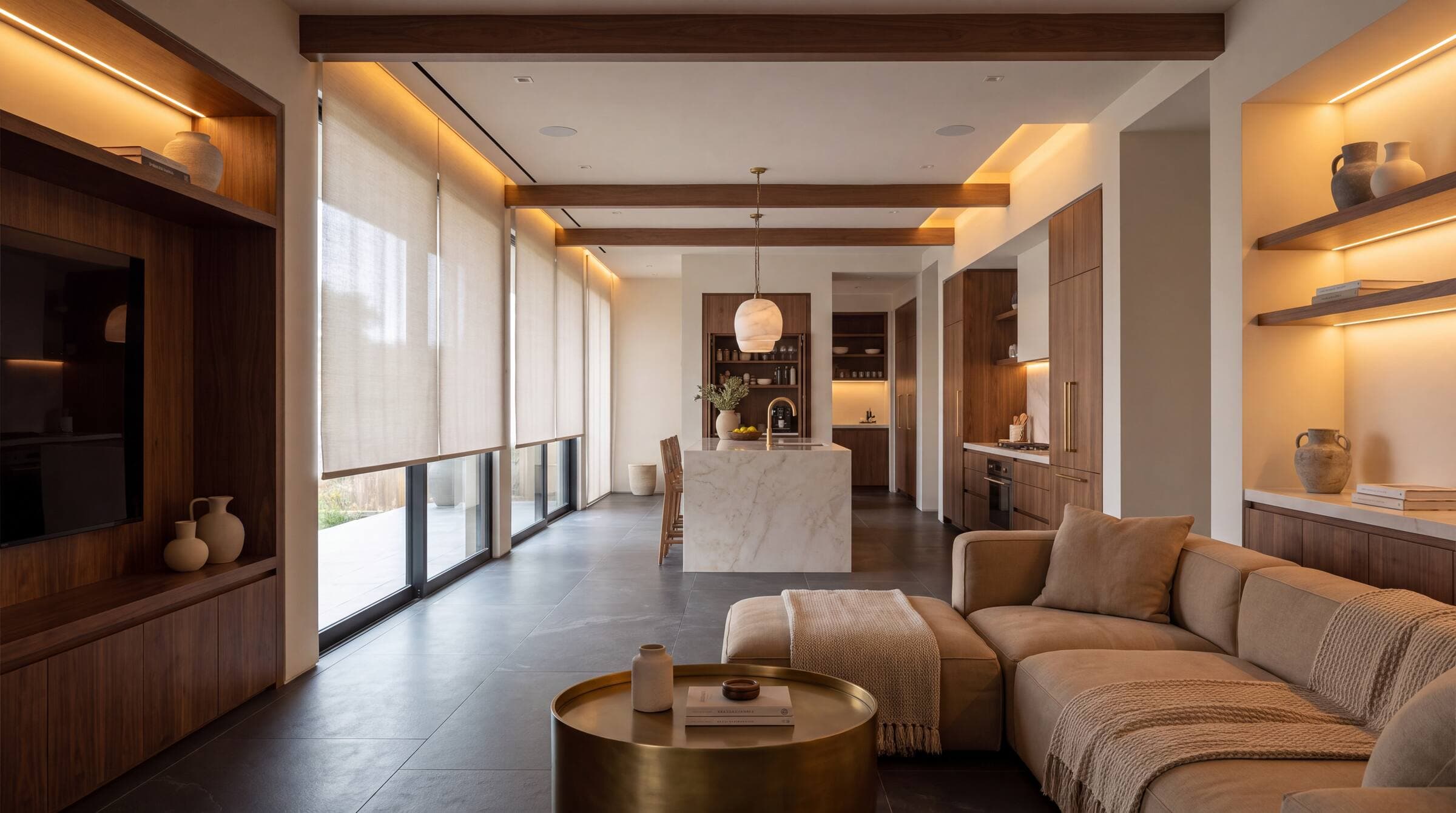 Serene open-plan living space with integrated, unseen technology