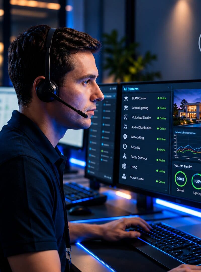 A Home Audiomations specialist monitoring the HA-360 management dashboard, every household system online