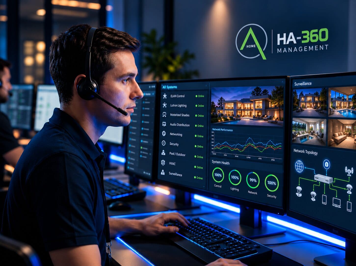 A Home Audiomations specialist in the HA-360 management control room, every household system shown online across the dashboards