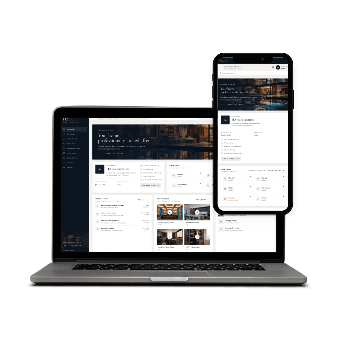 The HA-360 member portal shown on a laptop and phone, with home status, membership, and how-to guides